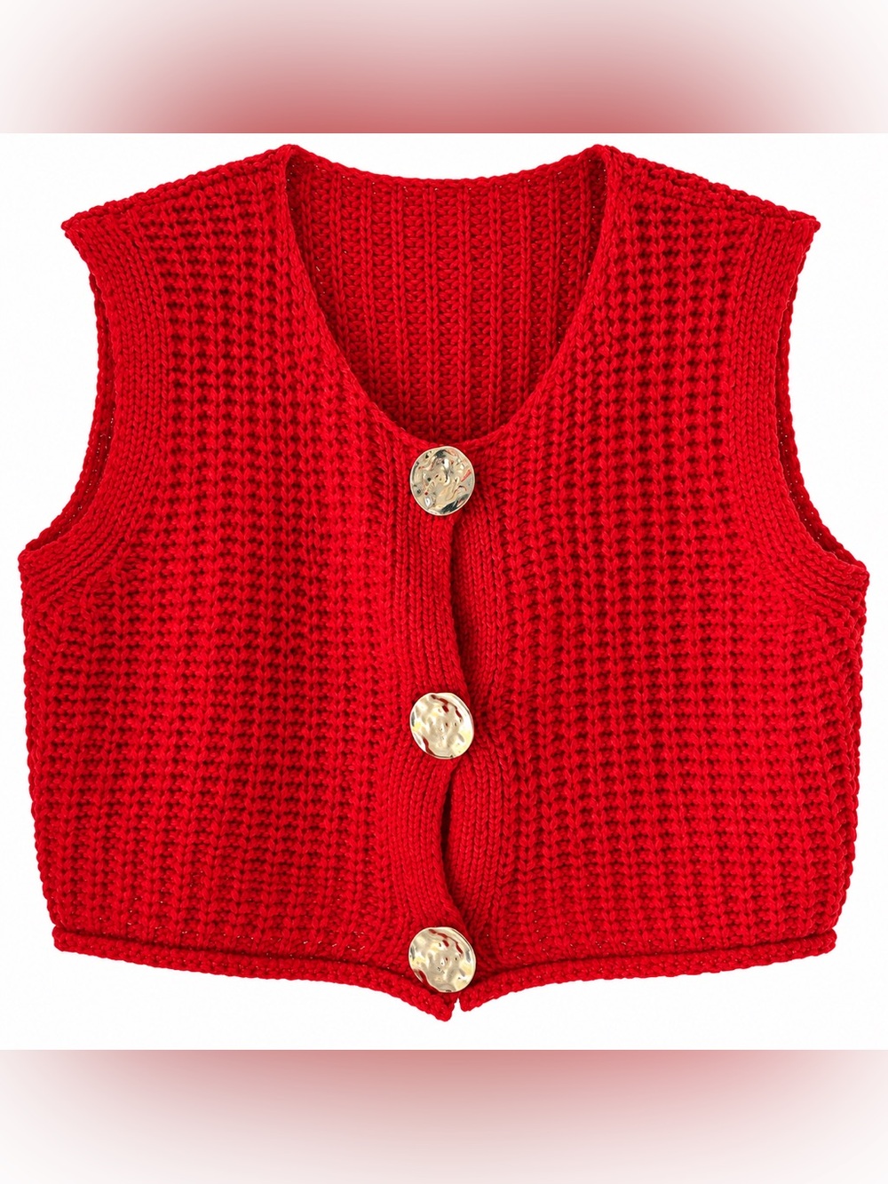 Red Chunky Knit Cropped Vest Silver Statement Buttons Size S